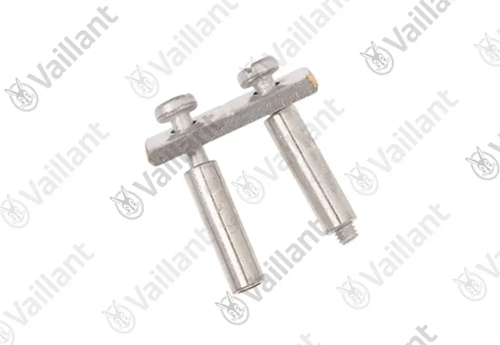 Vaillant Brücke, zwei polige Metallkonstruktion mit zwei zylindrischen Elementen und Schrauben, geeignet für spezifische Heizungsanwendungen.